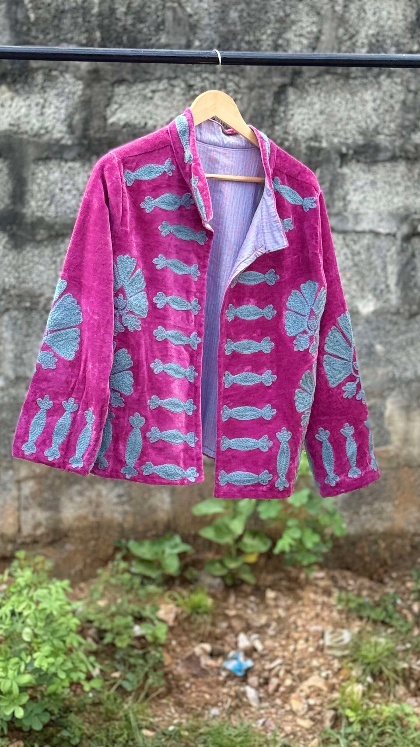 Womens Pink Velvet Embroidered Jacket with Floral Design - Image 3